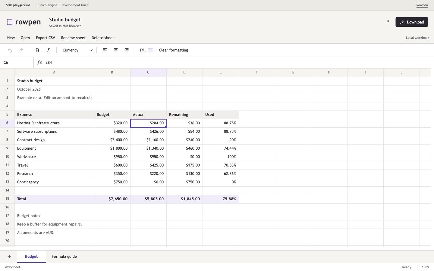 Rowpen spreadsheet development build with worksheet tabs, formatting controls, a formula bar and an example studio budget. An expense cell is selected.